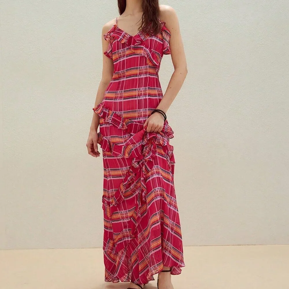 Red Boho Women's Plaid Ruffle Trim Cami Dress - Picture 5 of 7
